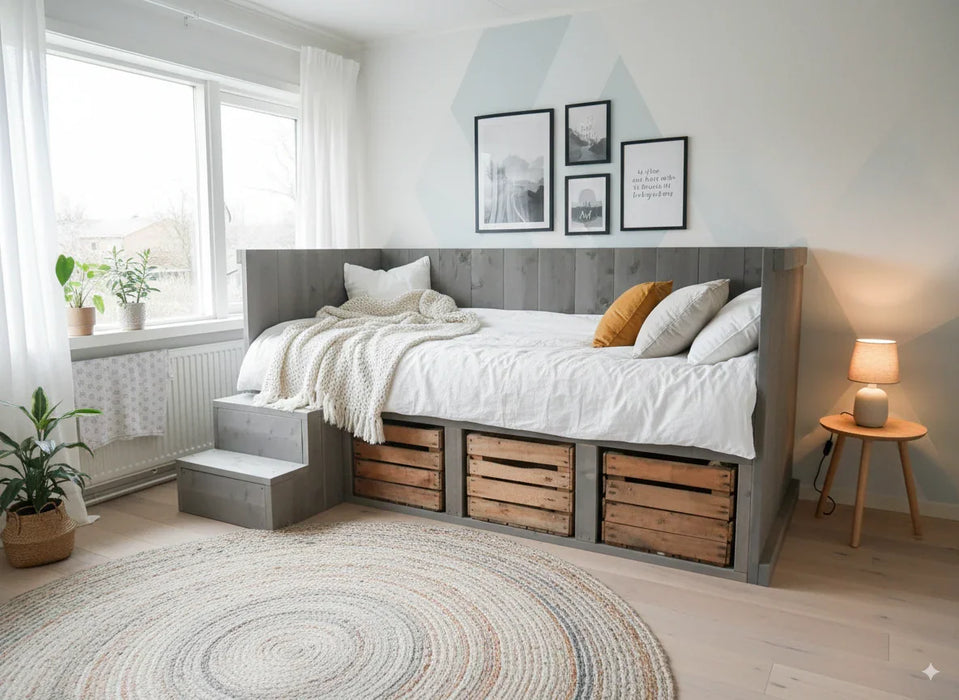 Steigerhouten kajuitbed met fruitkistjes