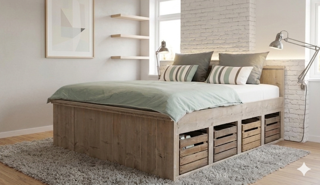 Steigerhouten tweepersoonsbed met fruitkistjes