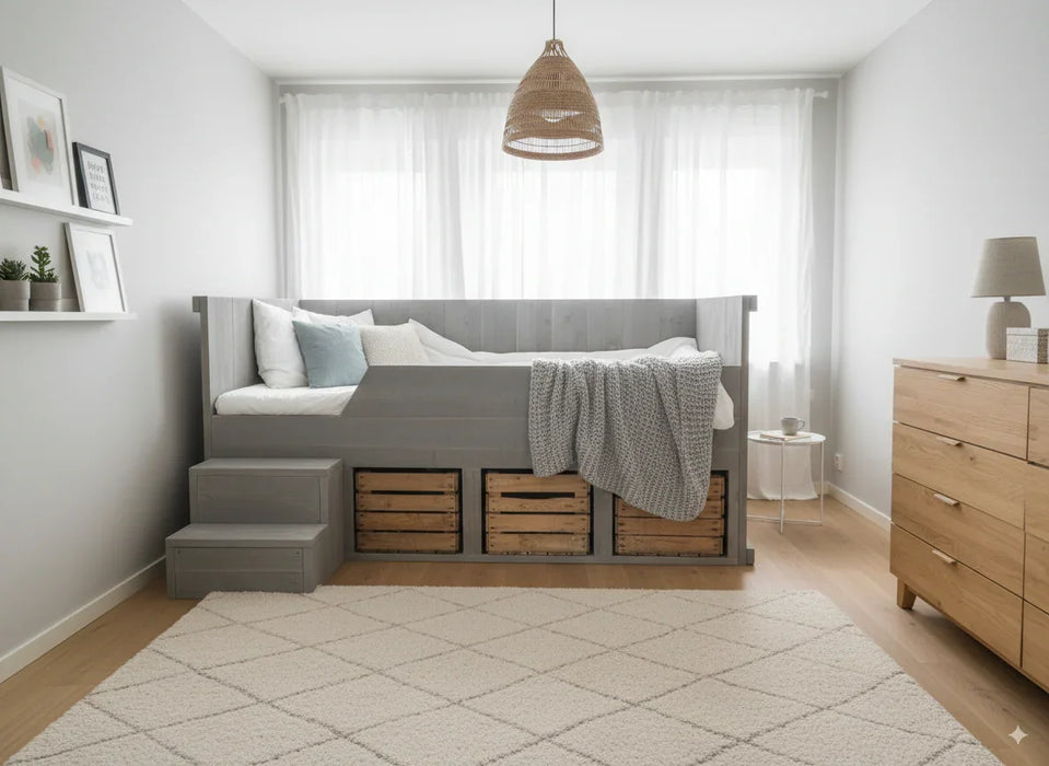 Steigerhouten kinderbed met fruitkistjes