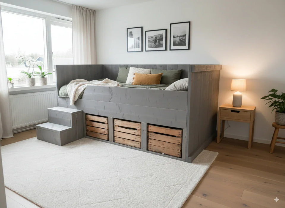 Steigerhouten kajuitbed met fruitkistjes